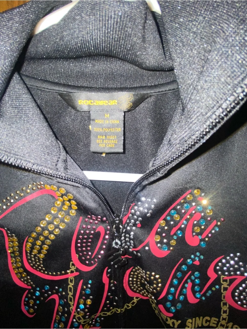 Rocawear Black Bomber Jacket with Multicolor Rhinestone Logo